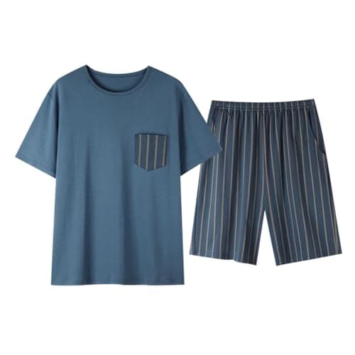 Image of WAZHAKU Men's Short Pyjamas 2 Pack Leisure Suit 2-Piece Short Loungewear Trousers Checked and T-Shirt Lounge Set Short Sleeve Pyjamas for Men Crew Neck Sleepwear Pyjamas Set of 2 Nightwear, R Green