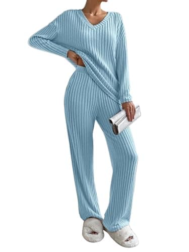 Image of CheChury Lounge Sets for Women UK 2 Piece Outfits Fluffy Ribbed Loungewear Long Sleeve Tops and Wide Leg Trousers Pyjamas Set Nightwear Oversized Homewear Ladies Leisure Suits,Blue,XXL