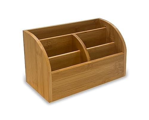 Image of Osco Bamboo 5-Compartments Desk Organiser, Wooden Pen & Stationery Holder, Makeup & Cosmetics Sorter, Office Desktop Storage, Slim Desk Tidy, No Assembly Required