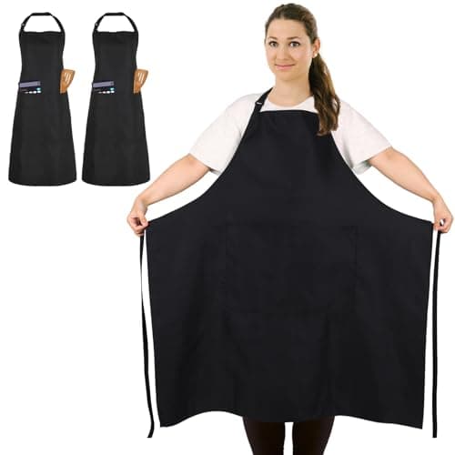 Image of FunChaos 2 Pcs Plus Size Chef Apron, Black Apron, Unisex Aprons with 2 Pockets for Cooking, Grilling, BBQ, Work, Professional Aprons for Waiter Artist Hairdresser (Large Size)