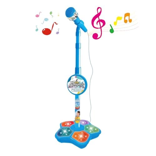 Image of Kids Microphone and Stand, Adjustable Kids Karaoke Machines with Flashing Stage Lights, Stand Up Kids Microphone Stand for Girls Boys Birthday Gift(Blue)