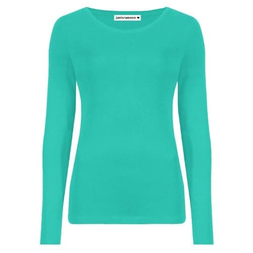 Image of janisramone Womens Ladies Round Neck Long Sleeve T-Shirt Stretchy Plain Fitted Basic Jersey Casual Tee Top Jade Green