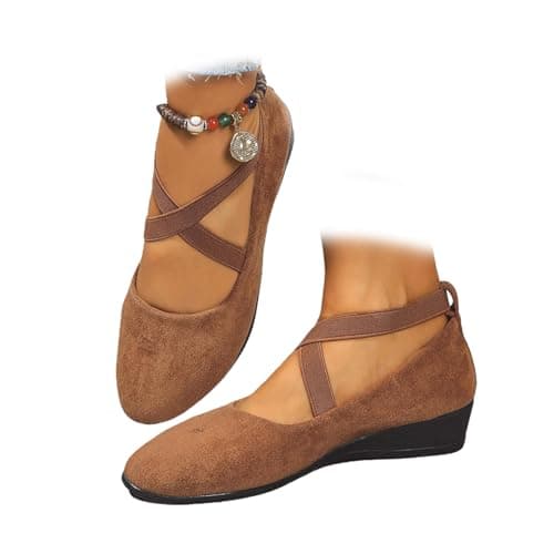 Image of Women's Comfortable Arch Support Wedge Slip-On Shoes, Lightweight Leather Shoes Low Heel Wedge Casual Work Ballerina Court Shoes (Brown Cross-Strap,8)