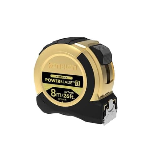 Image of Komelon MPT87EG PowerBlade II – 8m/26ft dual-printed hi-vis blade, nylon coated for durability, magnetic end hook, ergonomic ABS case with rubber grip. EC Class II accuracy.