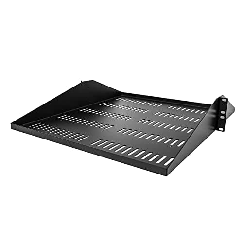 Image of StarTech.com 2U Server Rack Shelf, Center Mounted Universal Vented Rackmount Cantilever Tray for 19" Network Equipment Rack, Heavy Duty Steel, 200lb Capacity, 20" Deep, Black (SHELF-2U-20-CENTER-V)