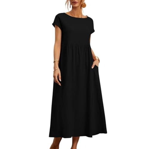 Image of Dresses for Women UK Casual Crewn Neck 3/4 Length Sleeve Midi Spring Summer Boho A Line Dress Women's Cap Sleeve Round Neck Linen Blend Midi Dress with Gathered Waist and Side Pockets Black