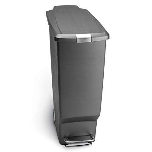 Image of simplehuman CW1363 40L Slim Recycling Kitchen Pedal Bin with Lid Lock, Silent Soft Close Lid, Built In Wheels, Stay-Open Lid, Grey Plastic, W 26.0cm x H 64.0cm x D 49.0cm