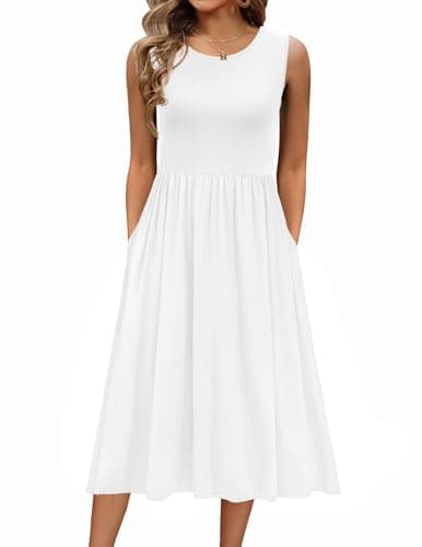 Image of Zeagoo Women's Summer Dress Casual Sleeveless Crew Neck Dresses Elegant A Line Tank Dress Midi Swing with Pockets White L