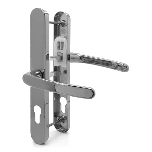 Image of TSS UPVC Door Handle Pair Set with Offset Levers, 92/62mm PZ Centres (Internal = 92mm / External 62mm), Sprung, 200mm Screw to Screw, Backplate 250mm x 34mm (Polished Chrome)