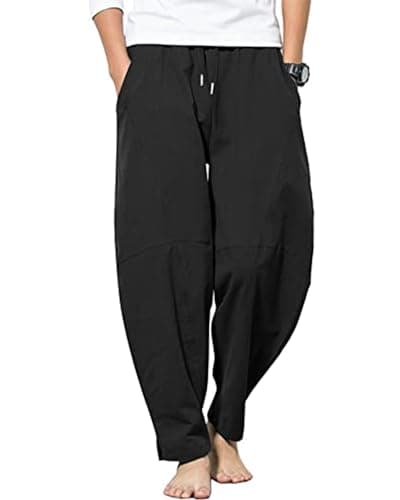Image of YAOBAOLE Linen Trousers Baggy Mens Casual Linen Trousers with Drawstring Men Yoga Pants Black L