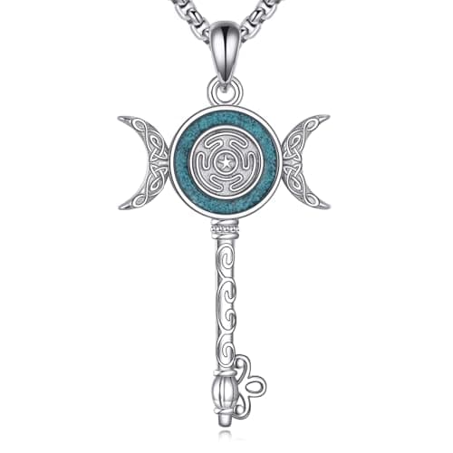 Image of YAFEINI Hecate Necklace 925 Sterling Silver Turquoise Key Pendant Necklace Tripple Moon Goddess Jewellery Gifts for Women Men