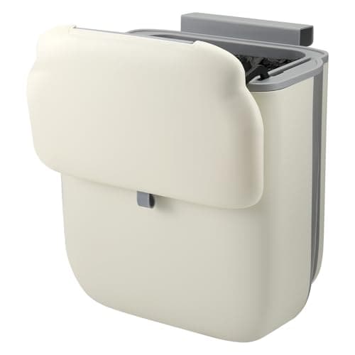 Image of Clickinline Kitchen Cupboard Bin, 10L Wall-Mounted Kitchen Bin with Lid, Foldable Cabinet-Door Compost Bin with Adhesive & Hook, Mount Under-Sink/Countertop Use for Bathroom (yellow)