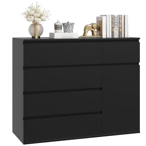 Image of FOREHILL Bedroom Chest of Drawers Black Chest of Drawers with 5 Drawers 1 Door Large Storage Cabinet Dresser Wide Sideboard for Living Room Hallway 100x40x80cm