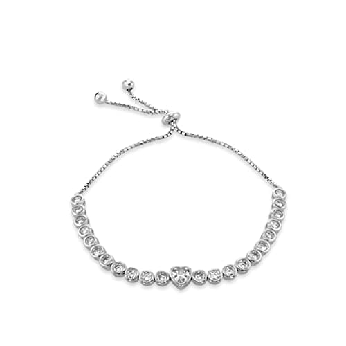 Image of Tuscany Silver Women's Sterling Silver Rhodium Plated Cubic Zirconia Heart Adjustable Box Chain Slider Bracelet, 20 cm/8 Inch