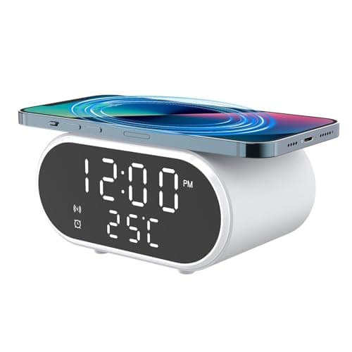 Image of ingoodtle 3-in-1 Digital Alarm Clock with 15W Fast Wireless Charging for Phones, Rechargeable Bedside Alarm Clock with Temperature Date Dimmable Led Display for Bedroom Desk Office Home Dorm (White)