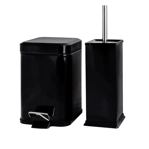 Image of Harbour Housewares Bathroom Bin & Brush Set - Black - 2pc Square Stainless Steel Pedal Bin & Toilet Brush Set Slim Small Trashcan for Kitchen Waste, Bathroom Rubbish