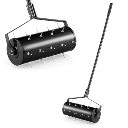Image of TANGZON 45cm/53cm Lawn Aerator, Heavy-Duty Rolling Spreader Lawn Care Tool with 130cm Metal Handle, Fillable Drum, Manual Aerator Gardening Roller for Garden Grass Patio Yard (Black,45x14x130cm)