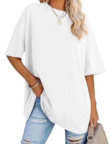 Image of Rapbin Women's Oversized Cropped Shirt Classic Crew Neck T-Shirt Daily Casual Loose Workplace Summer Tops (White, 20-22)