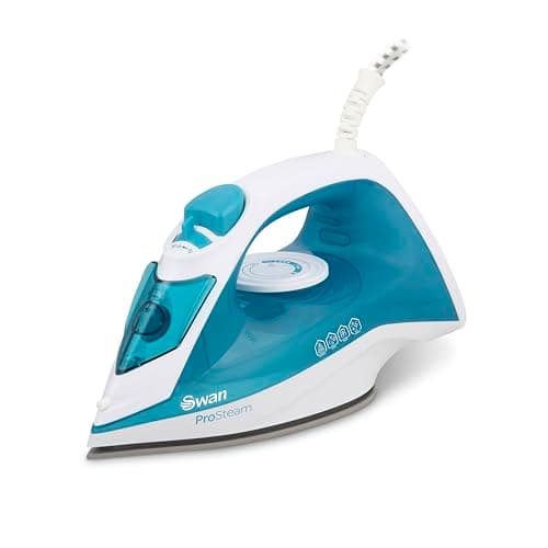 Image of Swan SI12052AQ Steam Iron with Ceramic Soleplate, Pro Steam Technology, Anti-Calc, Anti-Drip, Adjustable Temperature Dial, 2200W, White and Aqua