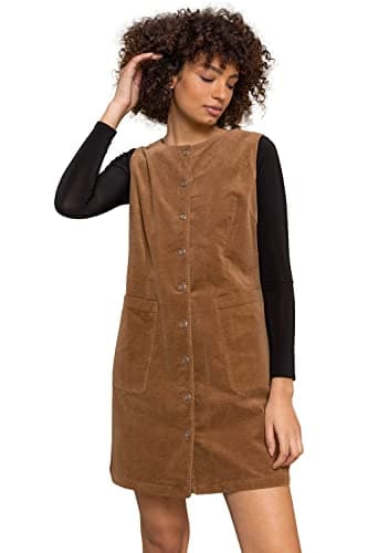 Image of Roman Women Button Corduroy Pinafore Dress - Ladies Sleeveless Smart Casual Everyday Buttoned Detail Plain Cord School Thick Lined Young Vintage Pinny Over Dresses - Plain Camel - Size 6