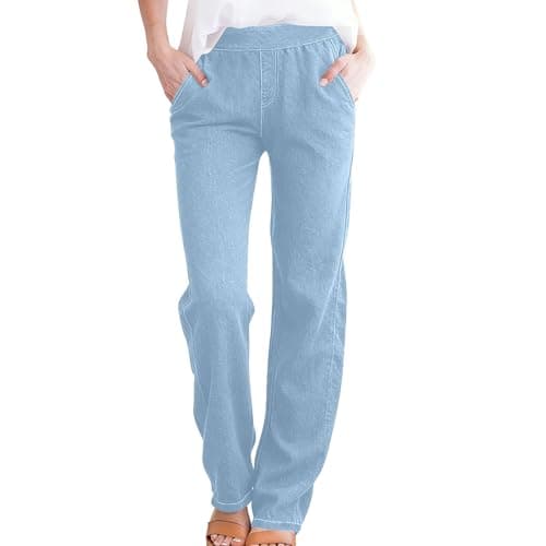 Image of Plus Size Jeans for Women UK Light Blue Womens Jeans Elasticated Waist Stretch Straight Leg Denim Pants Casual Fashion Comfy Loose Fit Gym Workout Trousers with Pockets 3XL