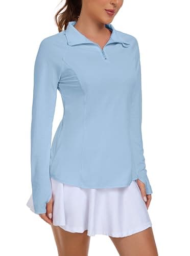 Image of IWOLLENCE Running Top Womens UPF 50+ UV Loose Fit Ladies Golf Sports Tops Workout Gym Clothes Long Sleeve Rash Vest 1/4 Zip Activewear with Thumb Holes and Right Side Pocket (Light Blue, XXL)