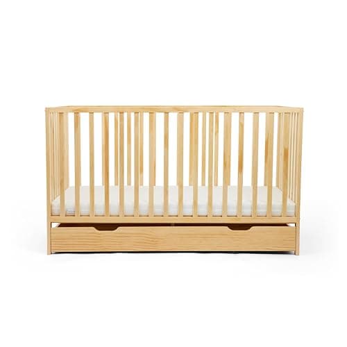 Image of Ickle Bubba Hartley Baby Cot, Stylish Adjustable Wooden Cot with 3 Height Positions, Under Drawer & Fibre Mattress for Modern Nursery Furniture, Birth to 3 Years, Pine