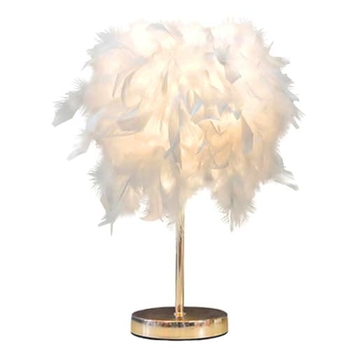 Image of GUANSHAN White Feather Table Lamp Bedside Lamp with Gold Base Romantic Feather Lampshade Night Light for Bedroom, Home Decoration, Photography Props