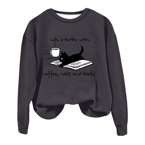 Image of Today Clearance Sweatshirts for Women UK Oversized Coffee Cat And Book Print Women's Hooded Sweatshirt Crew Neck Pullover Fun Christmas (Black, L)