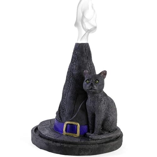 Image of Enchanting Black Witch Hat with Cat Design Incense Cone Holder - 11.5cm x 10.5cm (1 Pc) - Eye-catching Design - Perfect Ambience Enhancer for Home & Office
