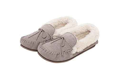 Image of Nordvek Womens Sheepskin Slippers - Wool Lined Moccasins - Non-Slip Hard Sole # 417-100 [Stone] [5 UK (38 EU)]