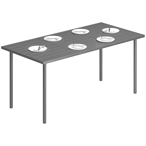 Image of Outsunny Garden Dining Table for 6 Person, 165 x 80 cm Rectangular Outdoor Dining Table with Metal Slatted Top, All Weather Patio Furniture for Balcony, Porch, Dark Grey