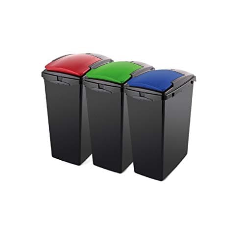 Image of Addis Recycling 40 Litre Set of 3 Waste Utility Plastic Bins with Interlocking Clips, Colour Coded Lids – Blue, Red & Green, 3 x 40L