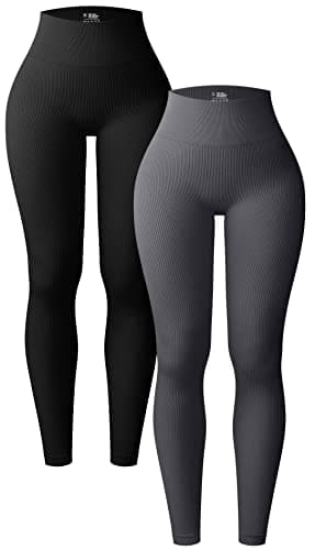 Image of OQQ Women's 2 Piece Yoga Leggings Ribbed Seamless Workout High Waist Athletic Pants, Black Darkgrey, M