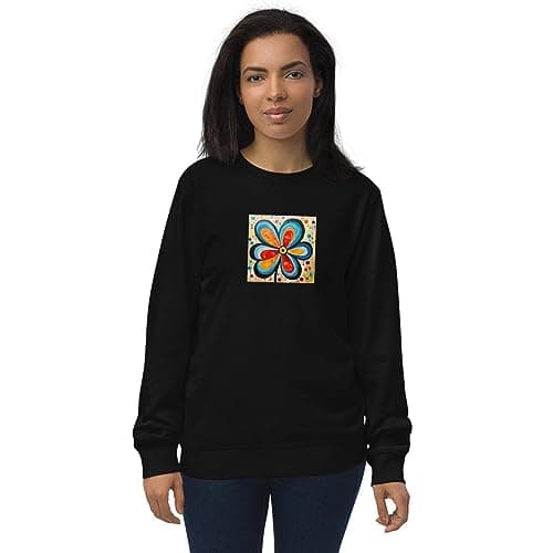 Image of Women's Organic Sweatshirt featuring a Colourful Painted Flower its Soft, Cozy to the touch and Stylish Black