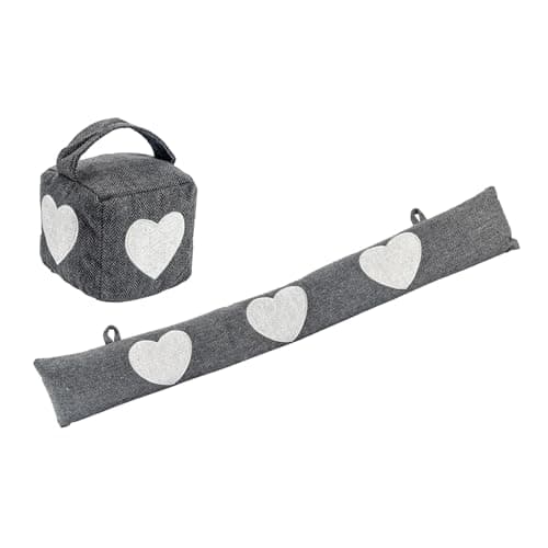 Image of Nicola Spring Fabric Door Stop - Heart - Grey - 2 pcs - Indoor Herringbone Decorative Space-Saving Cube Door Wedge Door Stopper Vintage Interior Weighted Doorstop with Handle for Home, Office