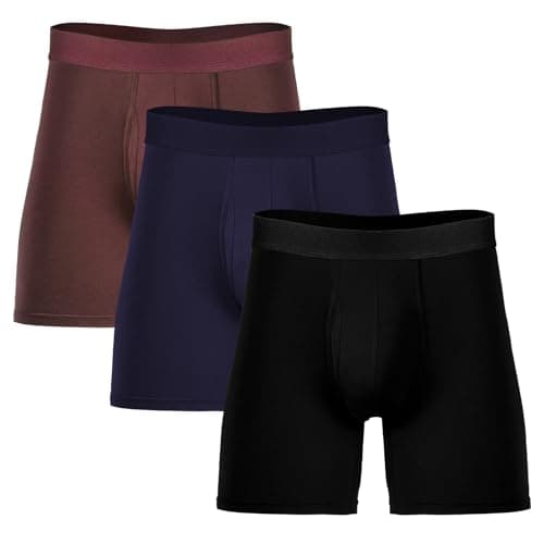 Image of DiULi Mens Boxers Shorts, Bamboo Boxers 3 Pack, Soft Longer Leg Anti-Chafe Boxer Shorts with Fly, Breathable Bamboo Fiber Underwear Trunks, Tagless & Comfort Fit(Black/Navy/Brown, Size L)