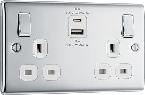 Image of BG Electrical 45W Double Switched Power Wall Plug Socket with Super Fast Charge Type A and Type C USB Ports, Nexus Metal, Polished Chrome, 13A, NPC22UAC45W