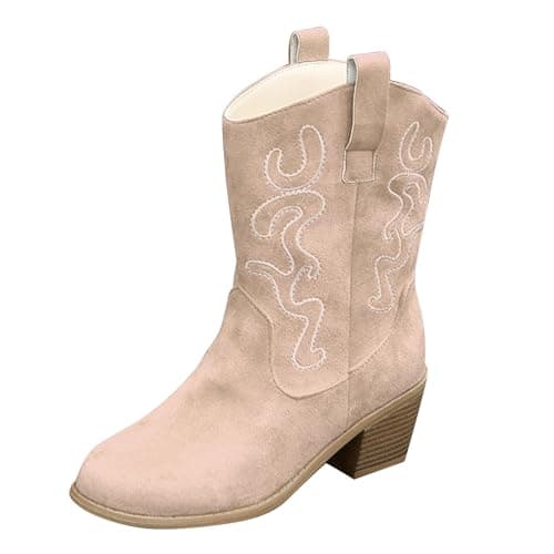 Image of DFSDJEUW cowboy boots wide calf Wide Fit Cowboy Boots Women Classic Pointed Toe Chunky Heel Western Leather Women's New Hundred Sets Foot Large Size slip on shoes women Beige 4