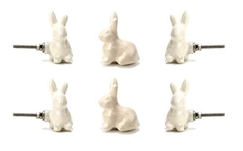 Image of Perilla Home White Ceramic Rabbit Knob Set of 6 Vintage Kitchen Cabinet Cupboard Door Knobs Dresser Furniture Wardrobe and Drawer Pull