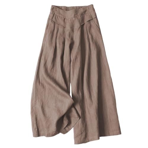 Image of Wide Leg Linen Trousers for Women UK Palazzo Pants Casual High Waist Flowy Cropped Culottes Pants Yoga Sweatpants Cotton Linen Summer Harem Trousers Coffee