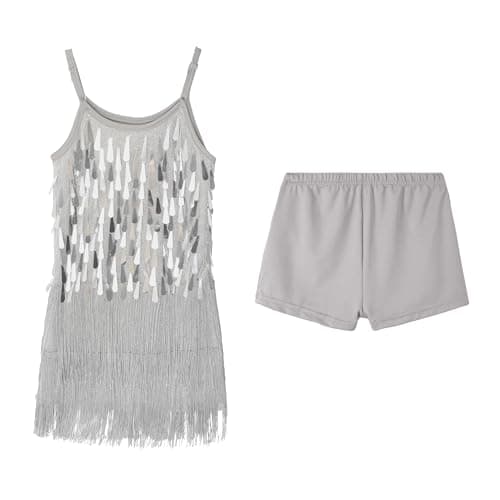 Image of LOLANTA Girls Sequin Fringe Dance Costume, Kids Salsa Rumba Latin Dancing Clothes Set, Sparkling Sleeveless Tassel Dance Mini Dress with Shorts, Silver, 11-12 Years, 160