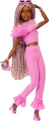 Image of Barbie Deluxe Style Doll #4 in Barbiecore Outfit, Pink and Brown Braids, Soft Pink Top and Pant Set with Furry Collar and Fun Accessories