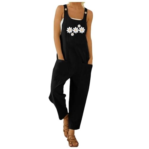 Image of Generic Jumpsuit Women's Jumpsuit Overall Set Women's Jumpsuit with Casual Fashion Print and Loose Braces and Buttondown Bib Pants, black, XXL