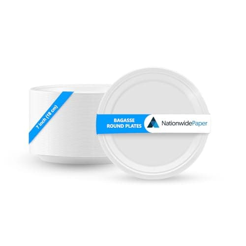 Image of Nationwide Paper 7 Inch Bagasse Biodegradable Plates, Extra Strong White Party Plates for Picnic, BBQ, & Events - 50 pcs (18cm)