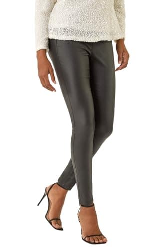 Image of Roman Faux Leather Trousers for Women UK Ladies Mat Legging Jegging Pants High Waisted Pull On Waterproof Wet Latex Imitation Coated Stretchy Jeans Tight Slimming PU - Onyx Black - Size 16
