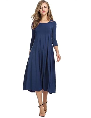 Image of HOTOUCH Ladies A Line Dresses Midi Classic Summer Dress 3/4 Sleeve Elegant Dresses Round Neck Swing Dress with Pockets Navy Blue L