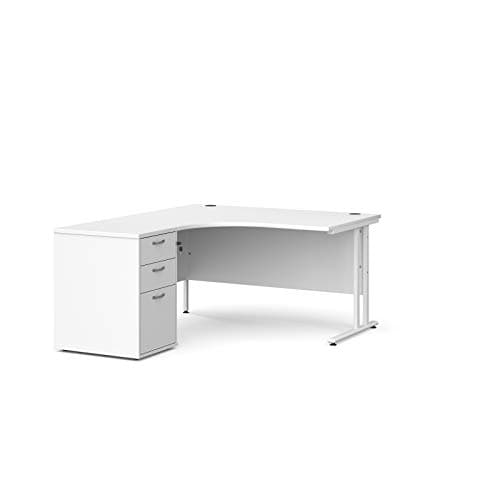 Image of Mr Office Maestro 25 left hand ergonomic desk with white cantilever frame and desk high pedestal bundle, White, 1400