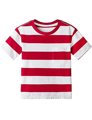 Image of Boys Girls Cotton Short Sleeve Striped T-Shirts Kid Tee Age 4T 5 6 7 8 9 10 11 12 Crew Neckline Shirt, Red and White, Age 11-12 Years
