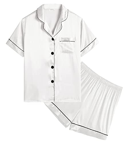 Image of SWOMOG Kids Girls Satin Pyjamas Sets Boys Button-Down Pjs Short Sleeve Silk Nightwear 2 Piece Lounge Sets White